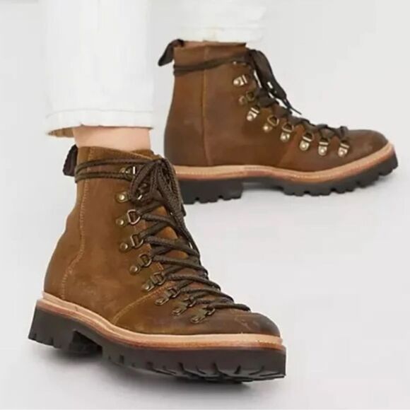 NWT $690 Grenson Nanette suede combat hiking boots leather brown Anthropologie - Picture 1 of 12